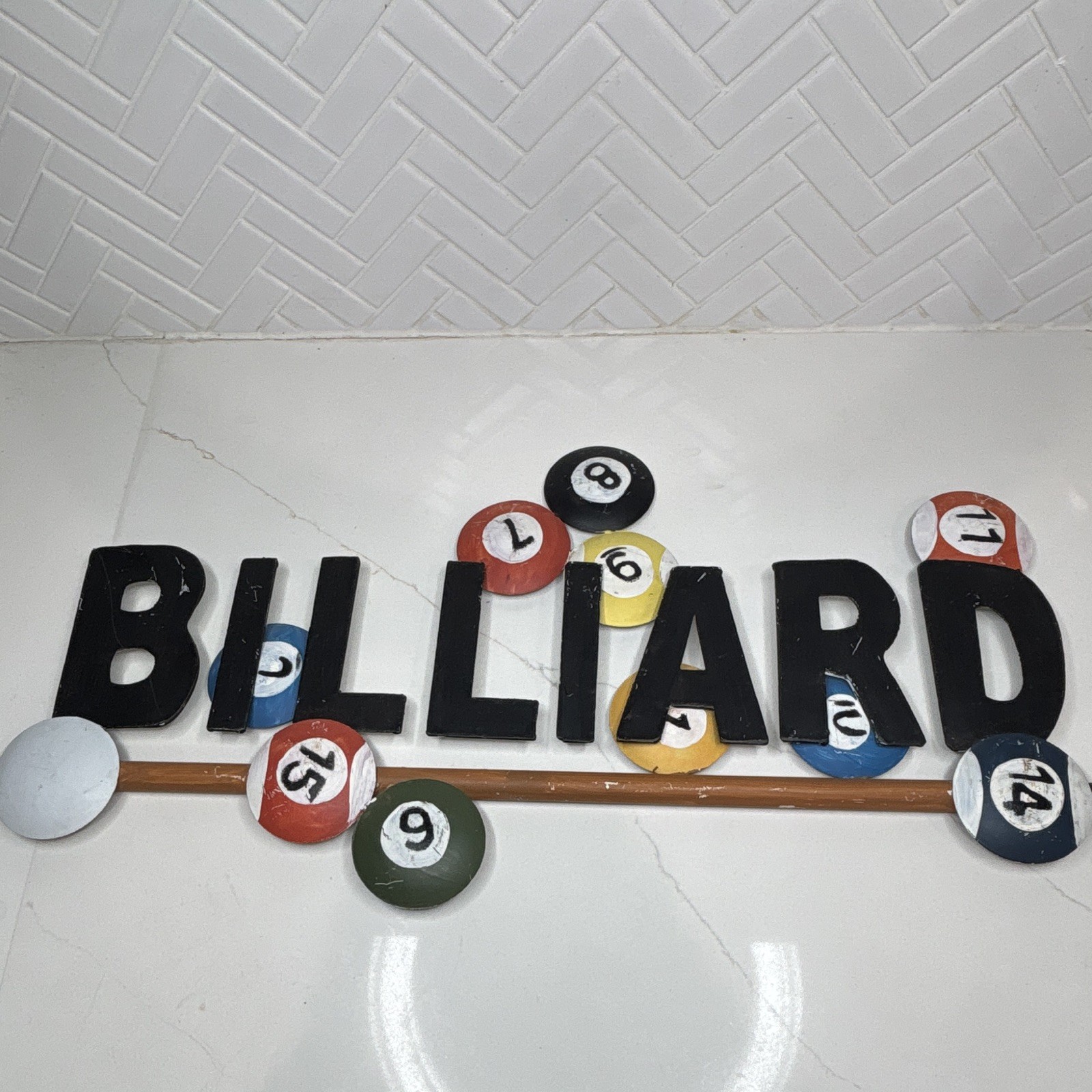 Billiards Metal Wall Sign Plaque w/ Pool Balls & Cue, Hanging, Horizontal