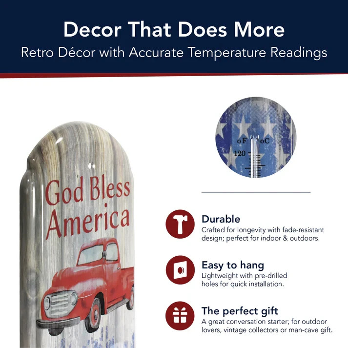 God Bless America Metal Wall Thermometer Patriotic Vintage Truck Decor