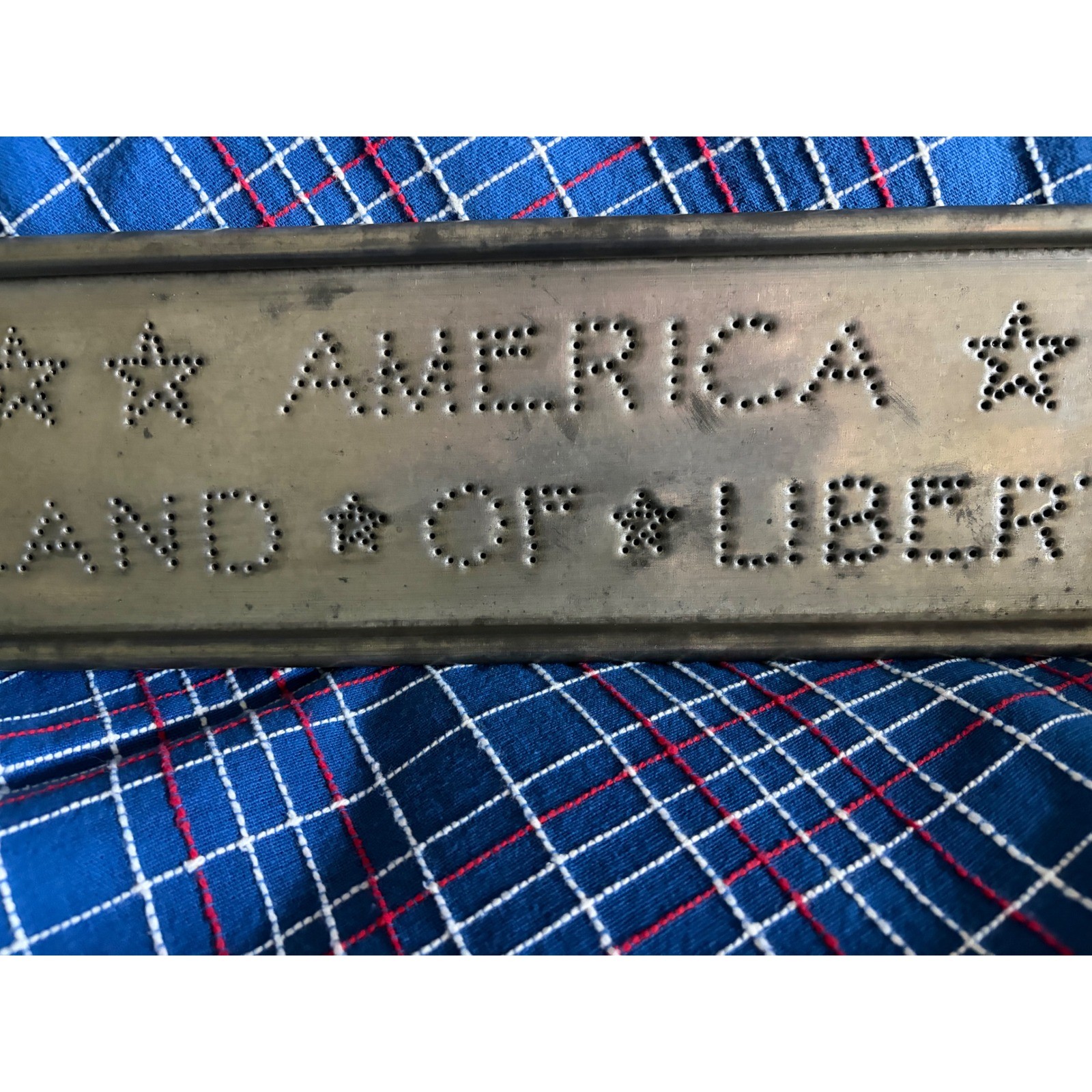 Vintage Punched Tin Americana Sign America Land of Liberty Patriotic Wall Art