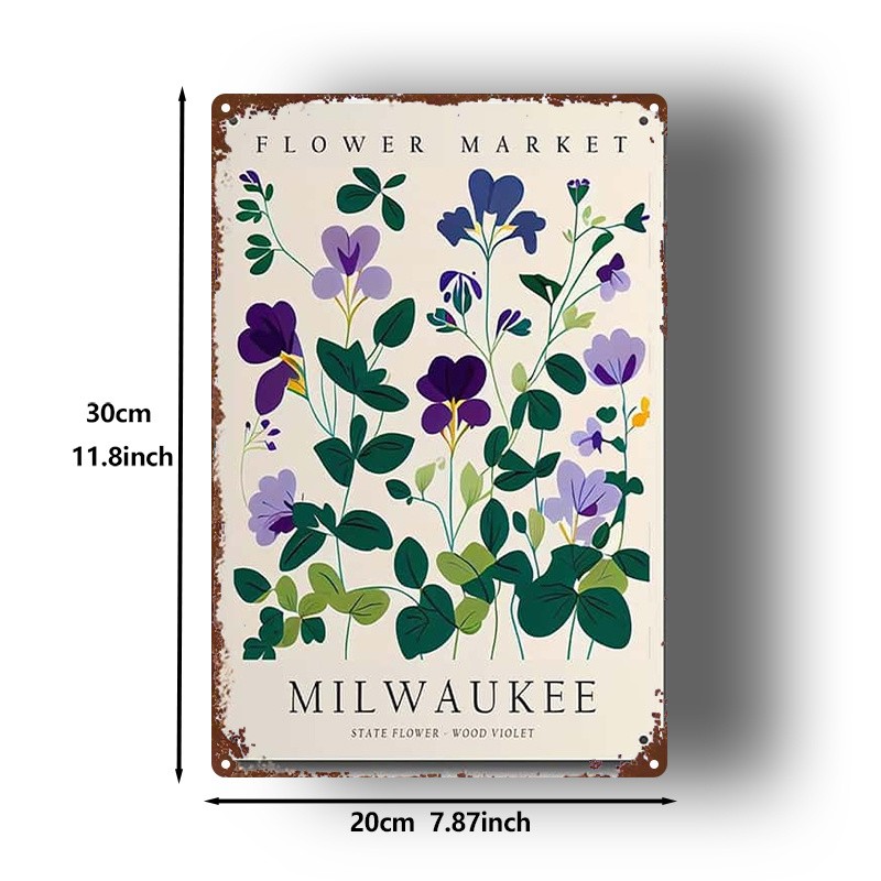Milwaukee Flower Market Wood Violet Vintage Metal Sign for Floral Wall Decor
