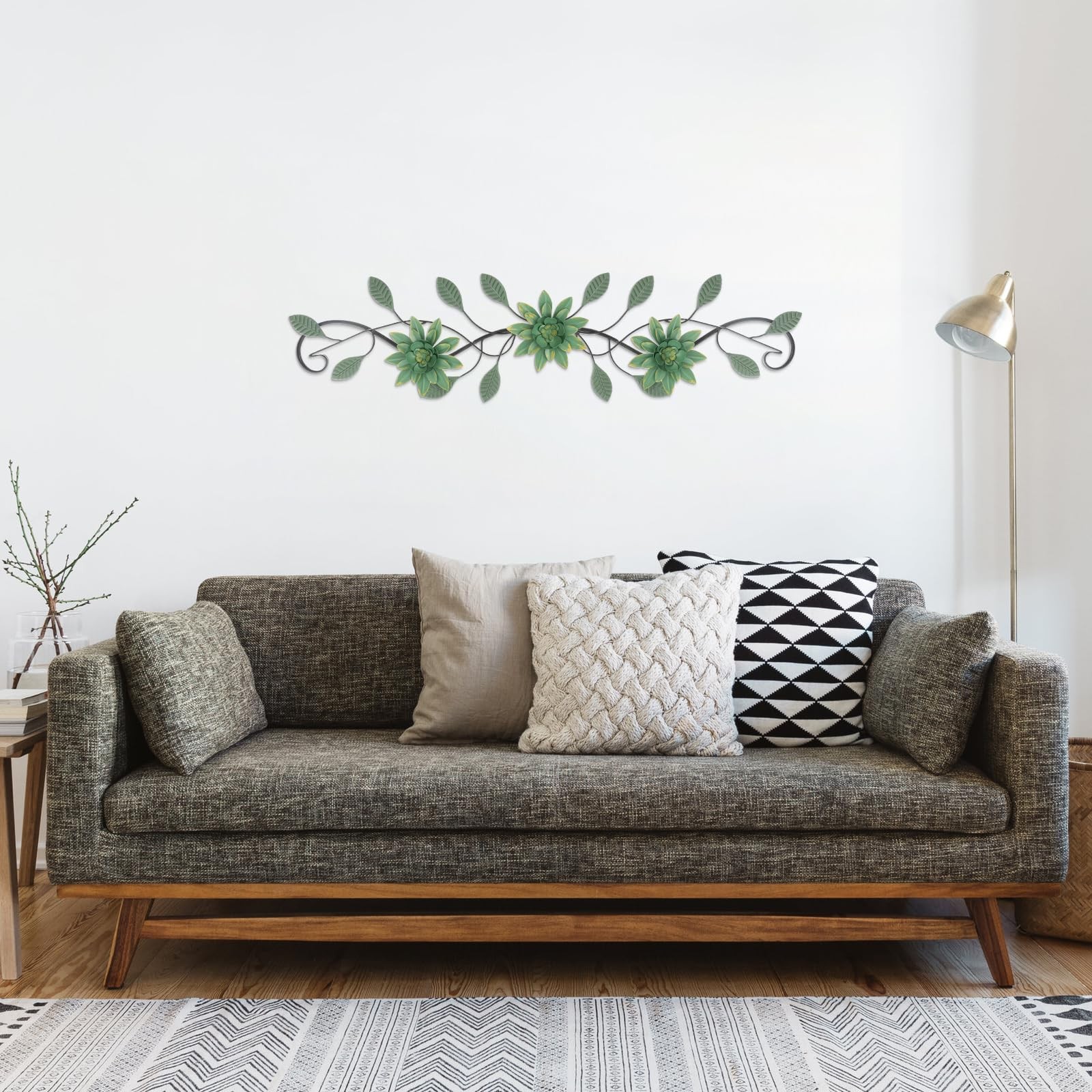 Green Metal Wall Art Modern Minimalist Flowers Indoor Horizontal Iron Decor