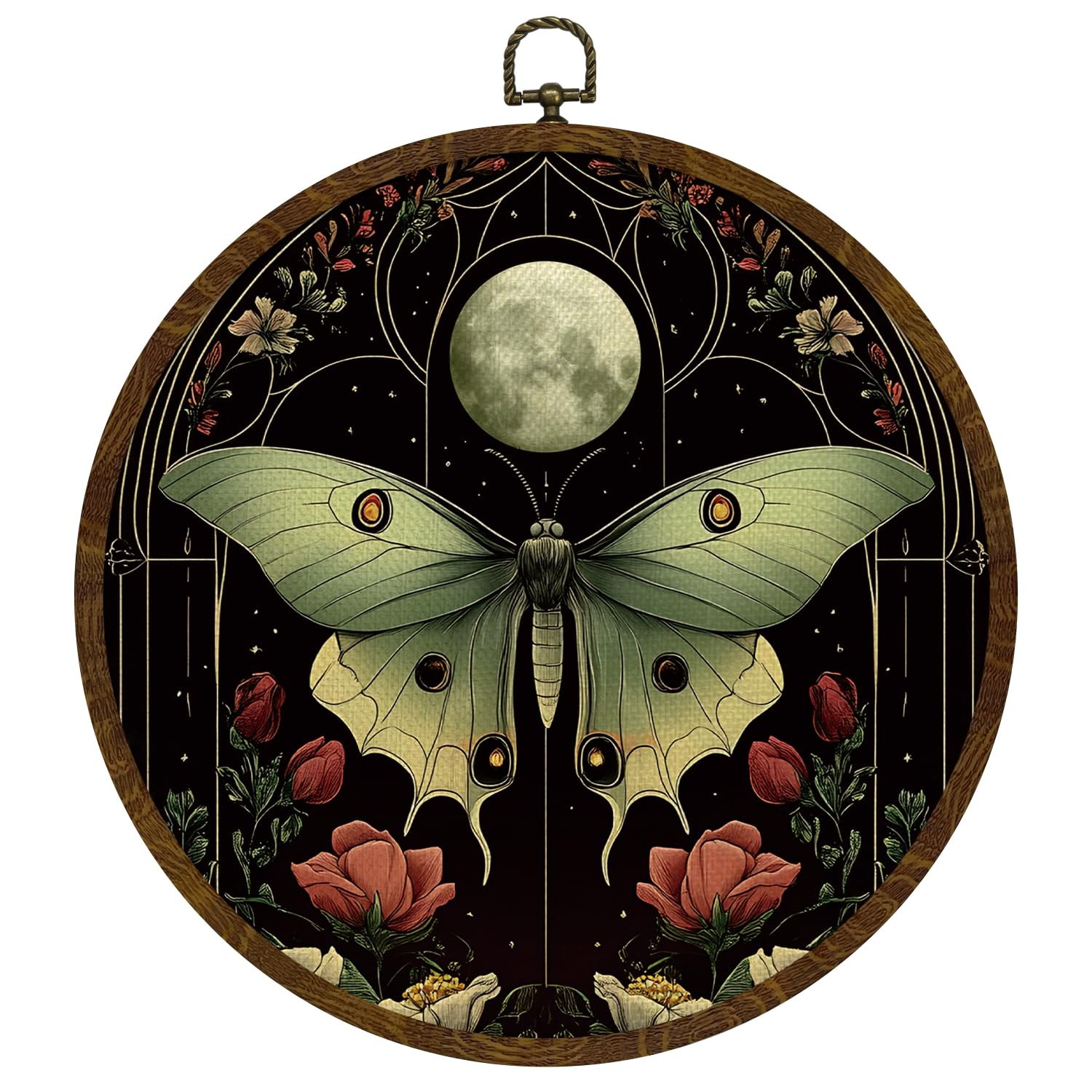 Mystical Luna Moth Round Wall Art,Moon and Floral Canvas Prints, Gothic Botan…