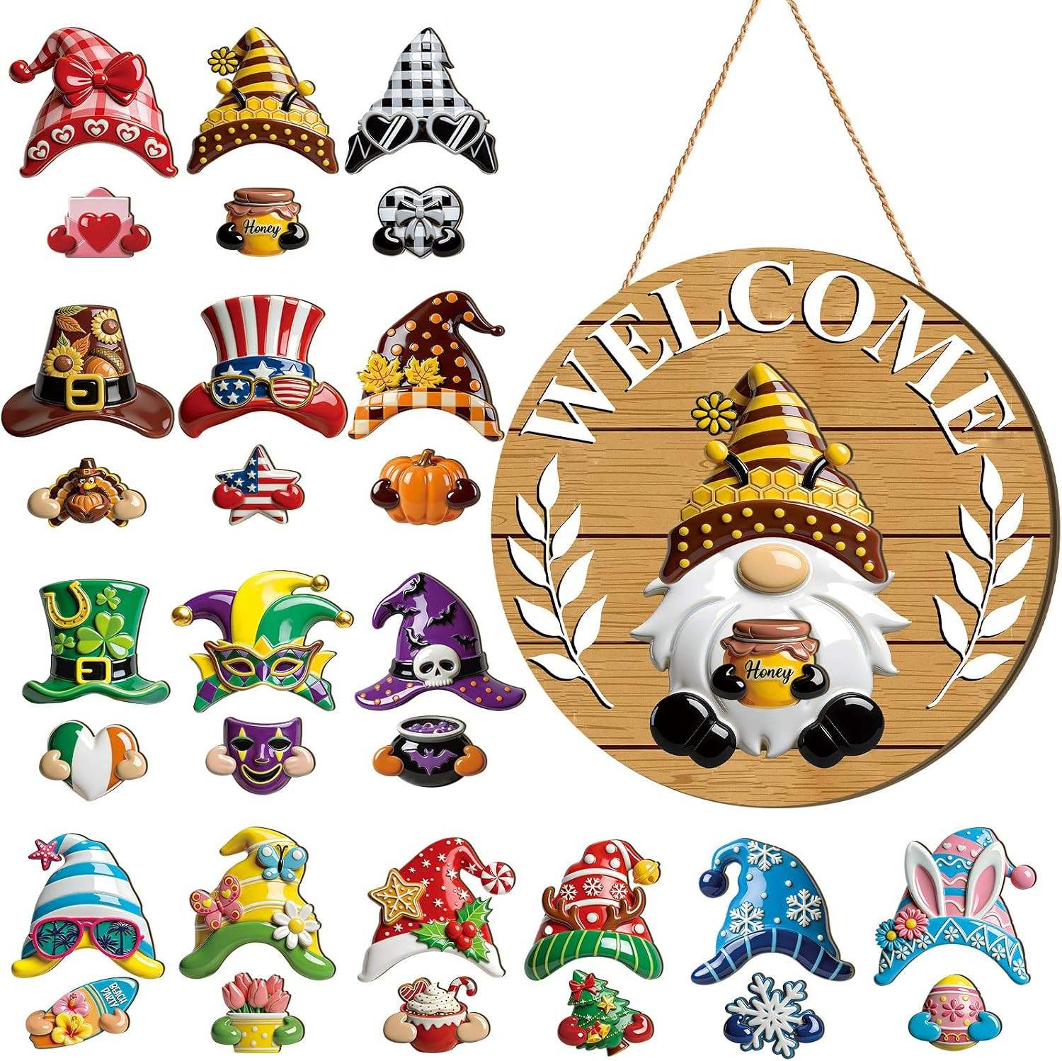 3D Wood Grain Seasonal Interchangeable Wooden Gnome Decor Summer Christmas in Ju