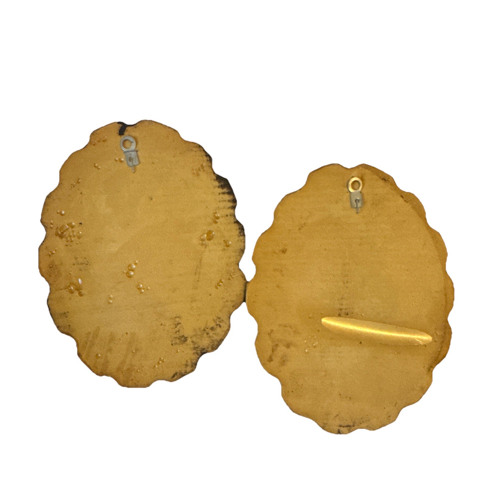 Set of 2 vintage 3D Mushroom Oval Wall Plaques Painted Wood Grain Hanging 70s