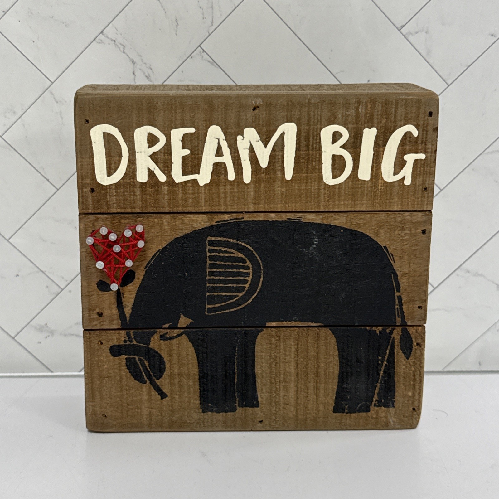 Designs by Kathy Wooden Small Block Dream Big Elephant Balloon Heart Decor 6×6″