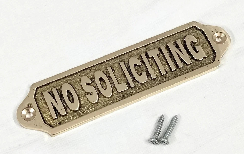 Solid Brass No Soliciting Sign Plaque – Door Wall Plate | 13cm – Screw Mount