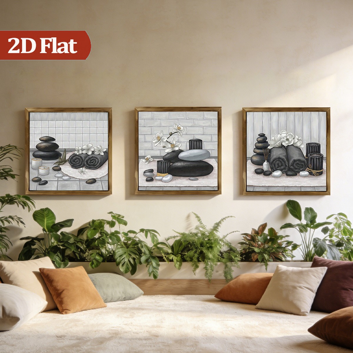 3Pcs Rustic Zen Stone Orchid Framed Wall Art Wooden Sign Spa Bathroom Decor Gift