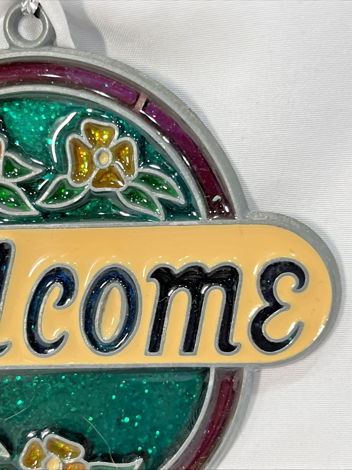 Vtg Makit Bakit Welcome Sign “stained glass” Glitter Suncatcher 80’s Ornament