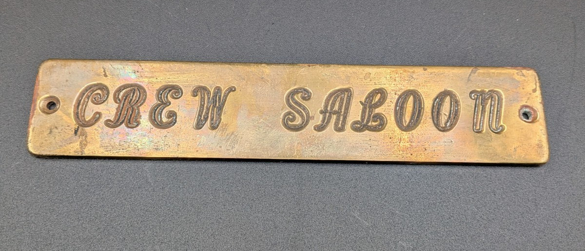 Vintage Brass “CREW SALLON” Plaque Bar Sign 6.75” Wall Plate Man Cave Decor