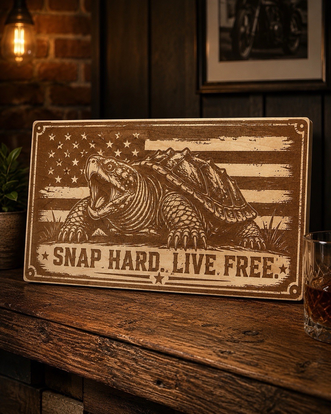 Live Free Turtle American Flag Rustic Wood Wall Sign, Horizontal