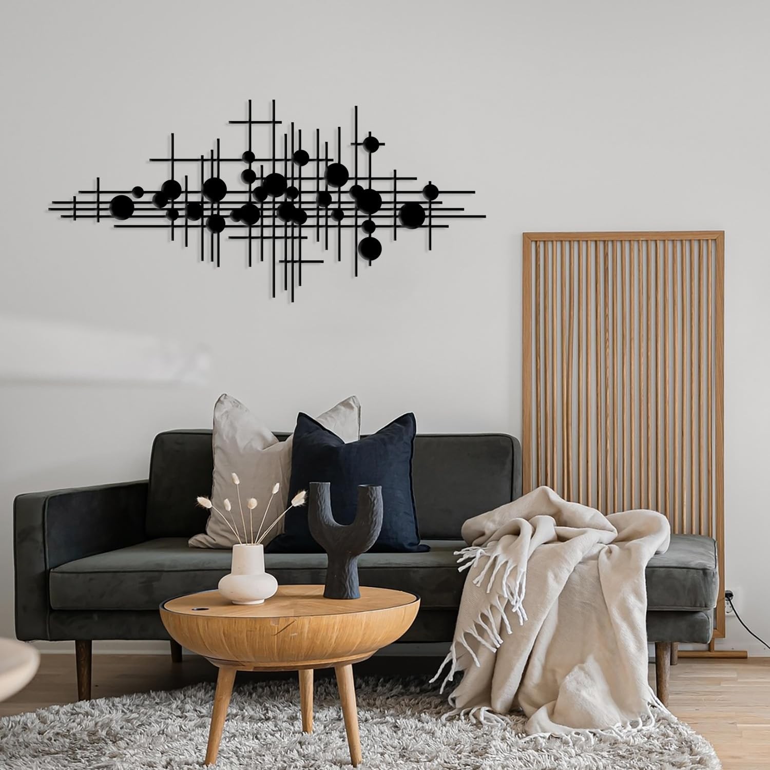Rajukit Modern Geometric Abstract Metal Wall Art – Black Wall Decor – Large Meta