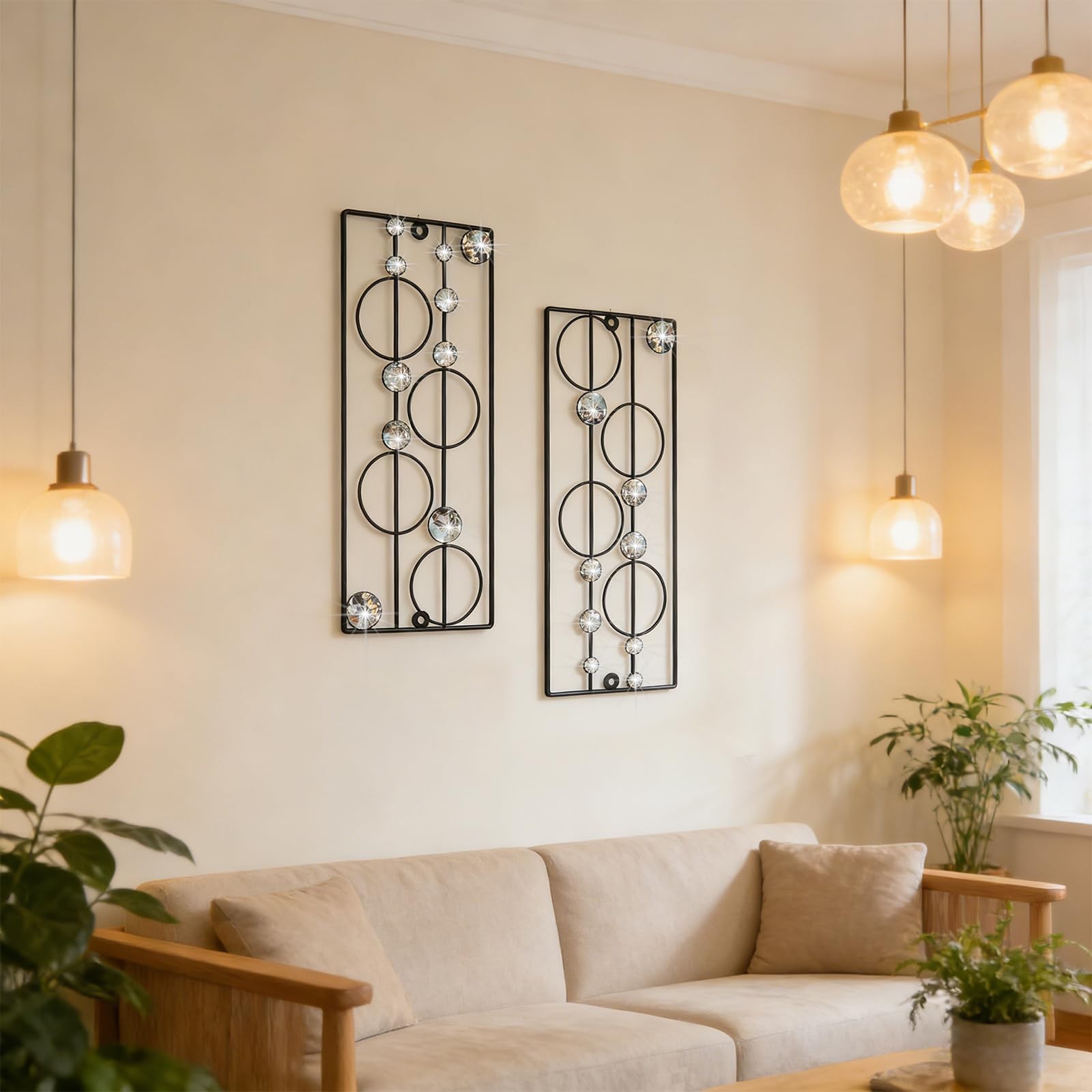 2 Pack Bling Abstract Metal Wall Art Minimalist Geometric Rhinestone Decor