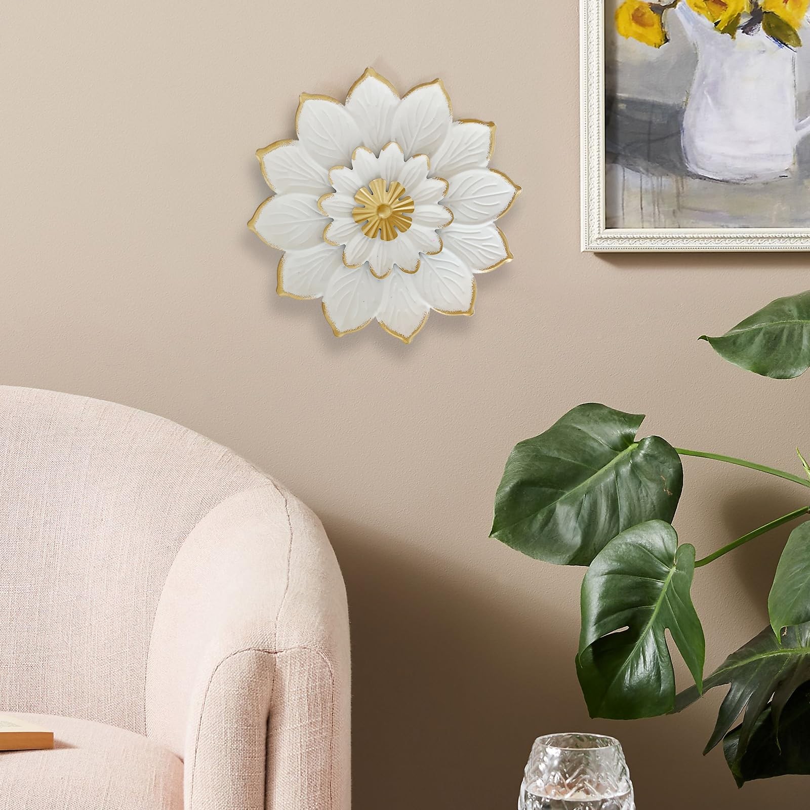 9.2“ White and Gold Metal Flower Wall Art, Modern Rustic Floral Decor for Ind…