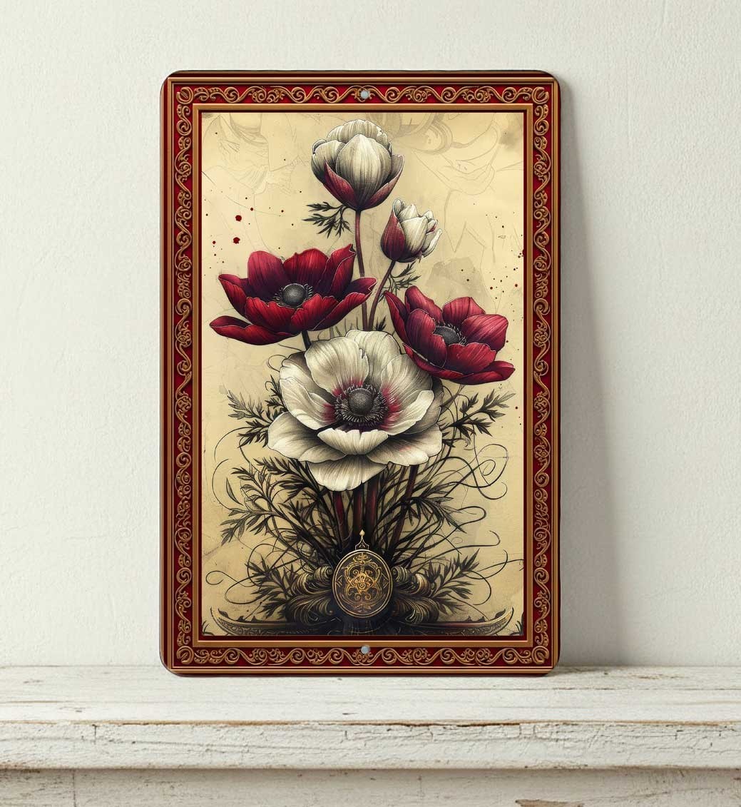 Botanical Flower Metal Sign 8×12, Red White Anemone Wall Art, Vintage Gothic