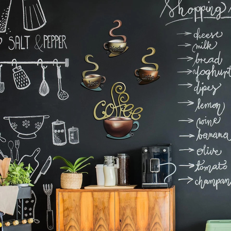 4 Pcs Metal Coffee Cup Wall Decor Wall Art For Coffee House Kitchen Restaurants