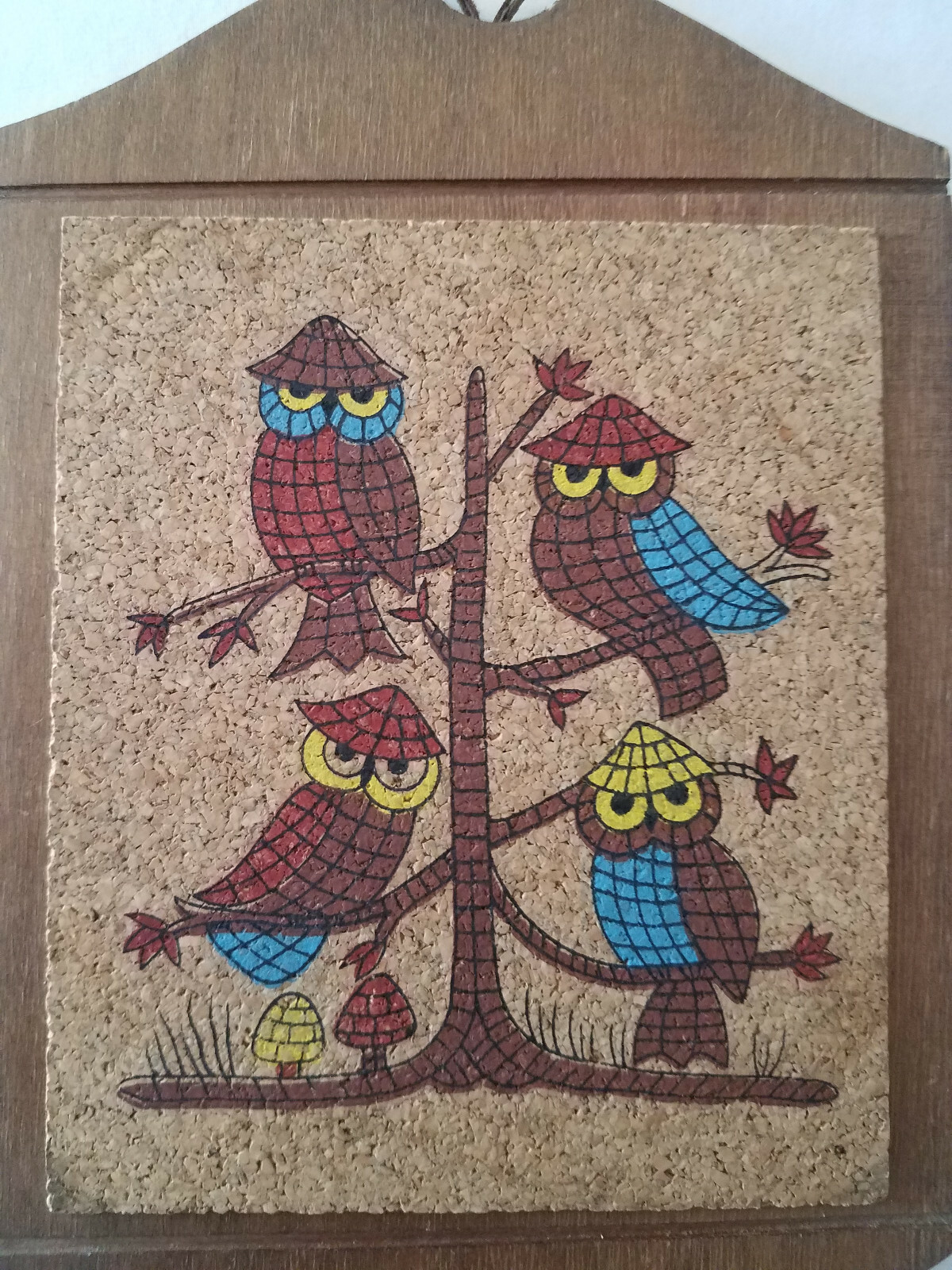 Vintage Hanging Wood Plaque Cork Board 4 Owls in a Tree Wall Decor