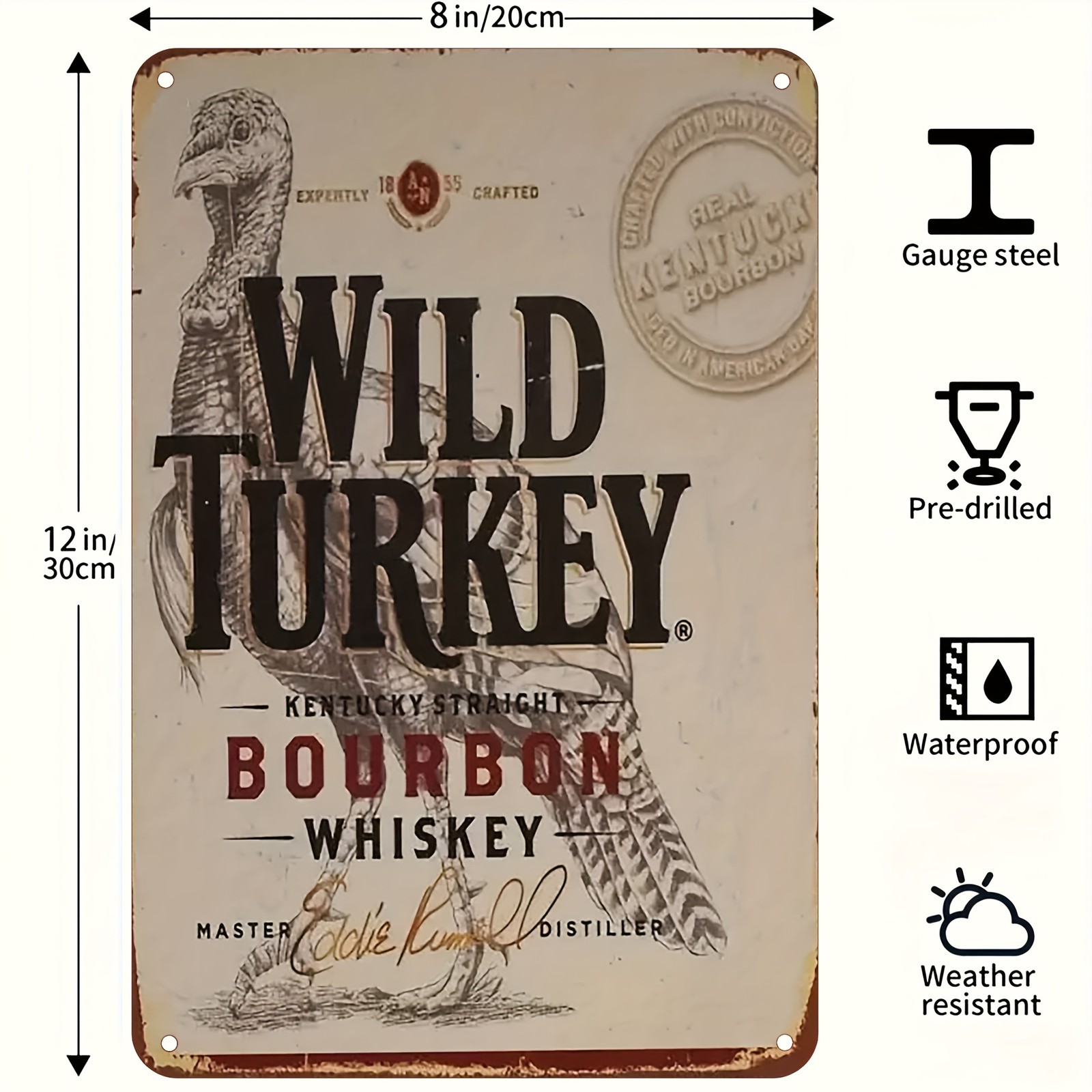Vintage Wild Turkey BourbonTin Metal Sign Wall Art Decor 8 x 12