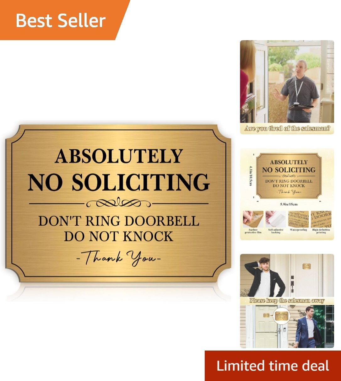 Brushed Gold No Soliciting Door Sign – Easy Install 6″ x 4″ for Home & Office