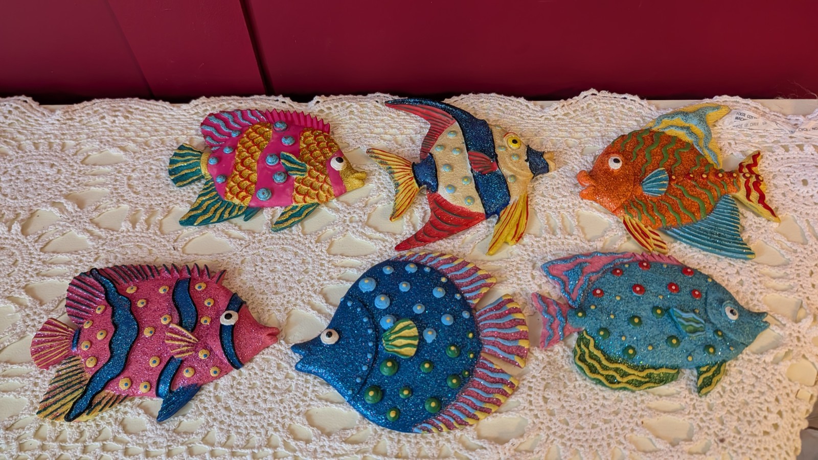 Colorful Tropical Glitter Fish Resin Wall Art Plaques Hanging Decor Set Of 6