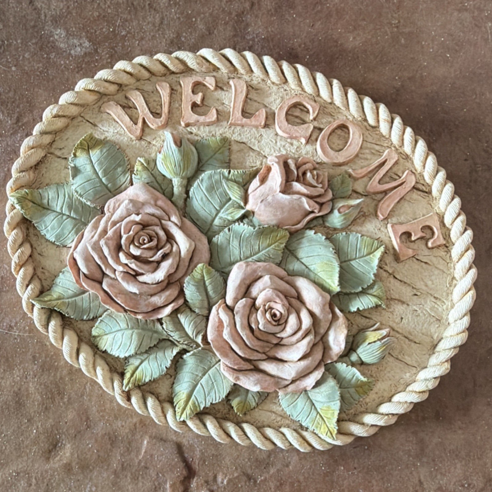 Oval Welcome Floral Wood Wall Plaque Raised Roses 3D Painted 10in Hanging