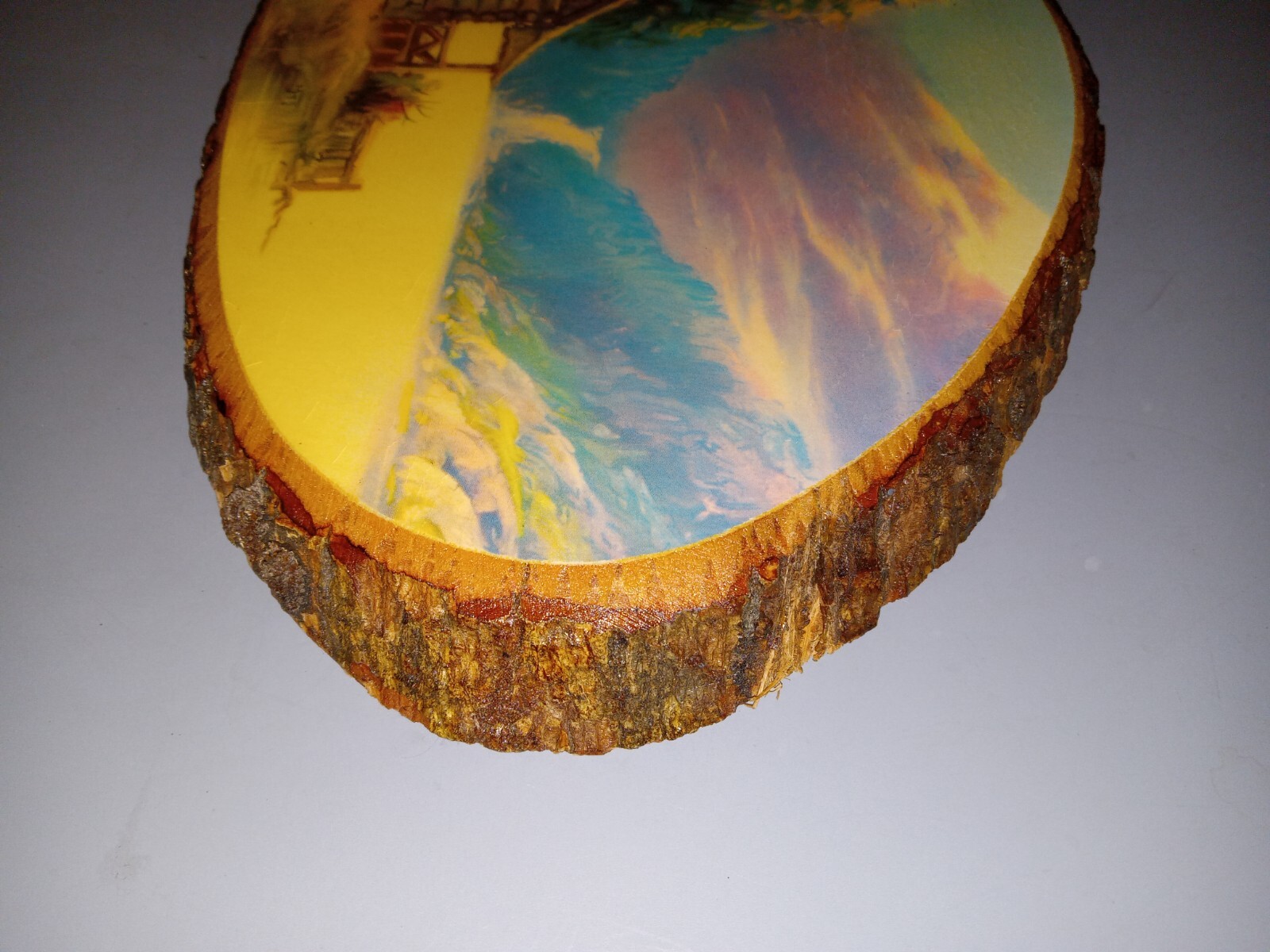 Rustic Log Cabin Landscape on Natural Wood Slice Wall Hanging