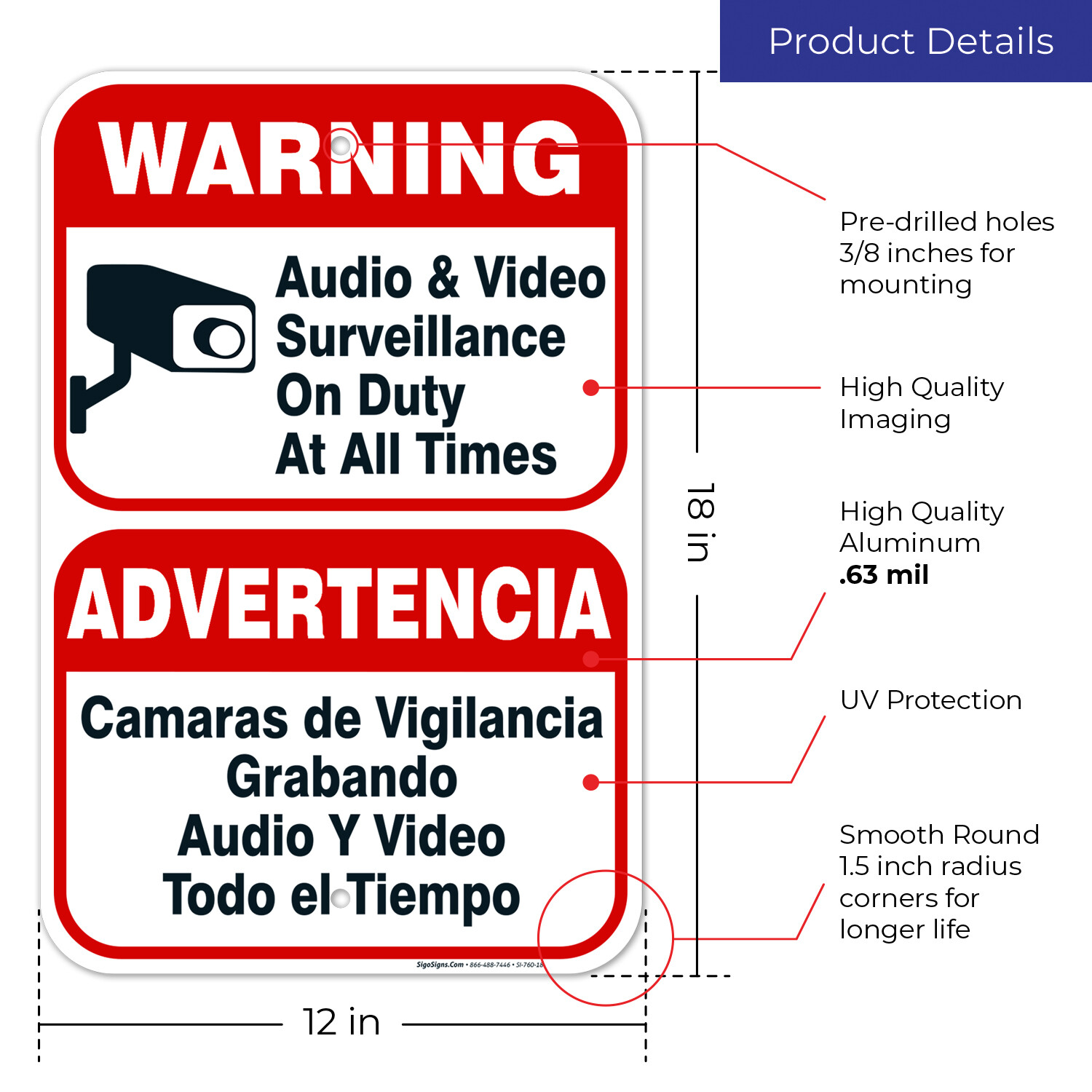 Audio & Video Surveillance Sign, Bilingual English Spanish,