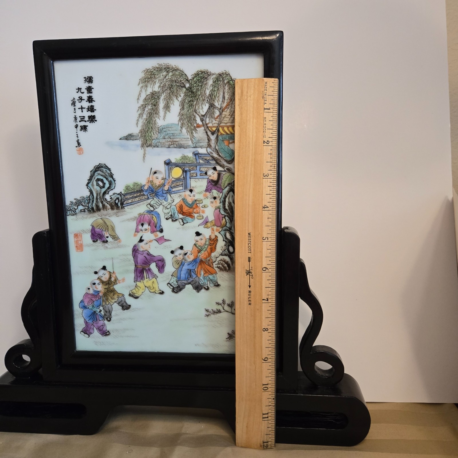Chinese Antique Famille Rose Porcelain Plaque/Tile in STAND boys playing