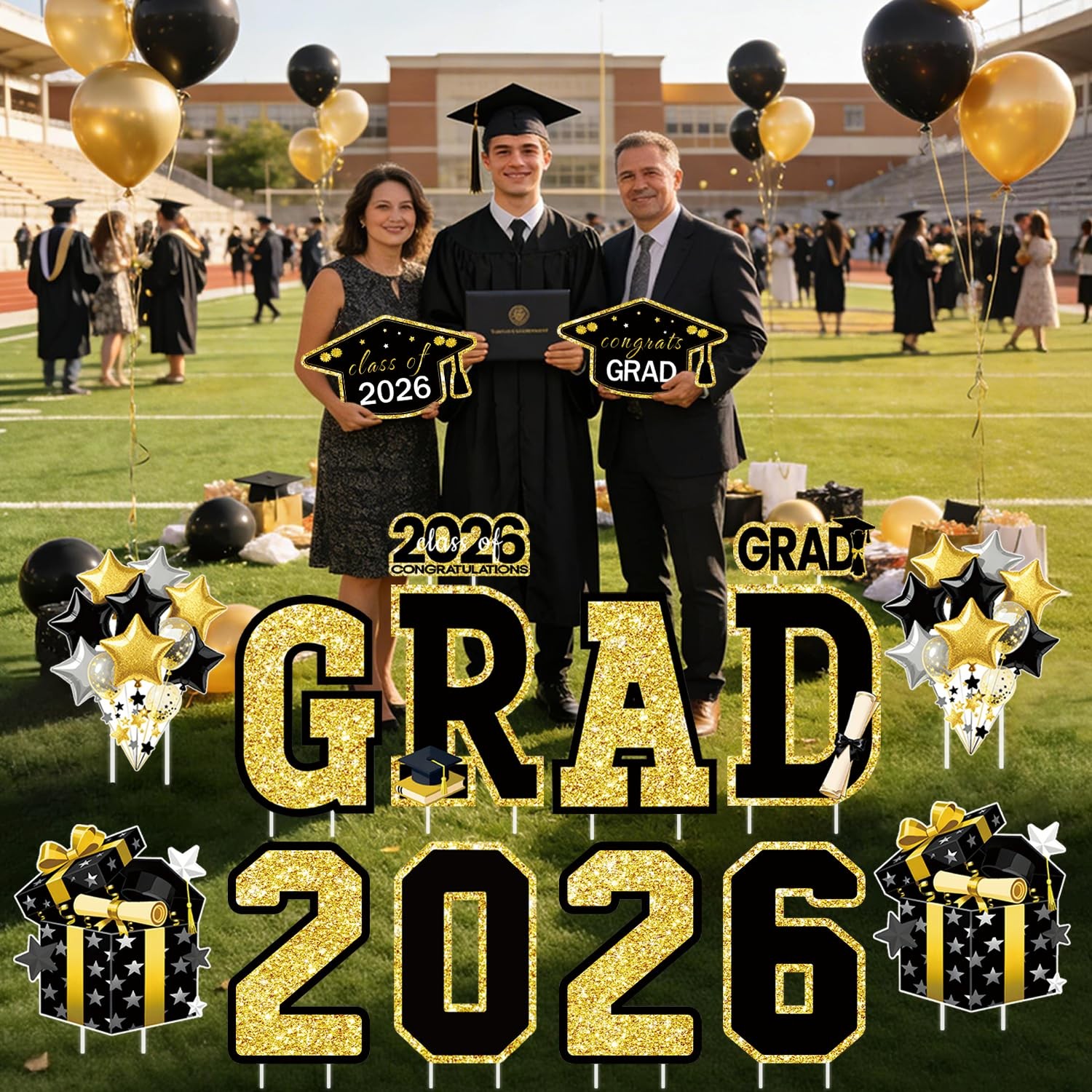 Graduation Yard Signs Class of 2026 Decorations, 16PCS Large Black Gold Congr…