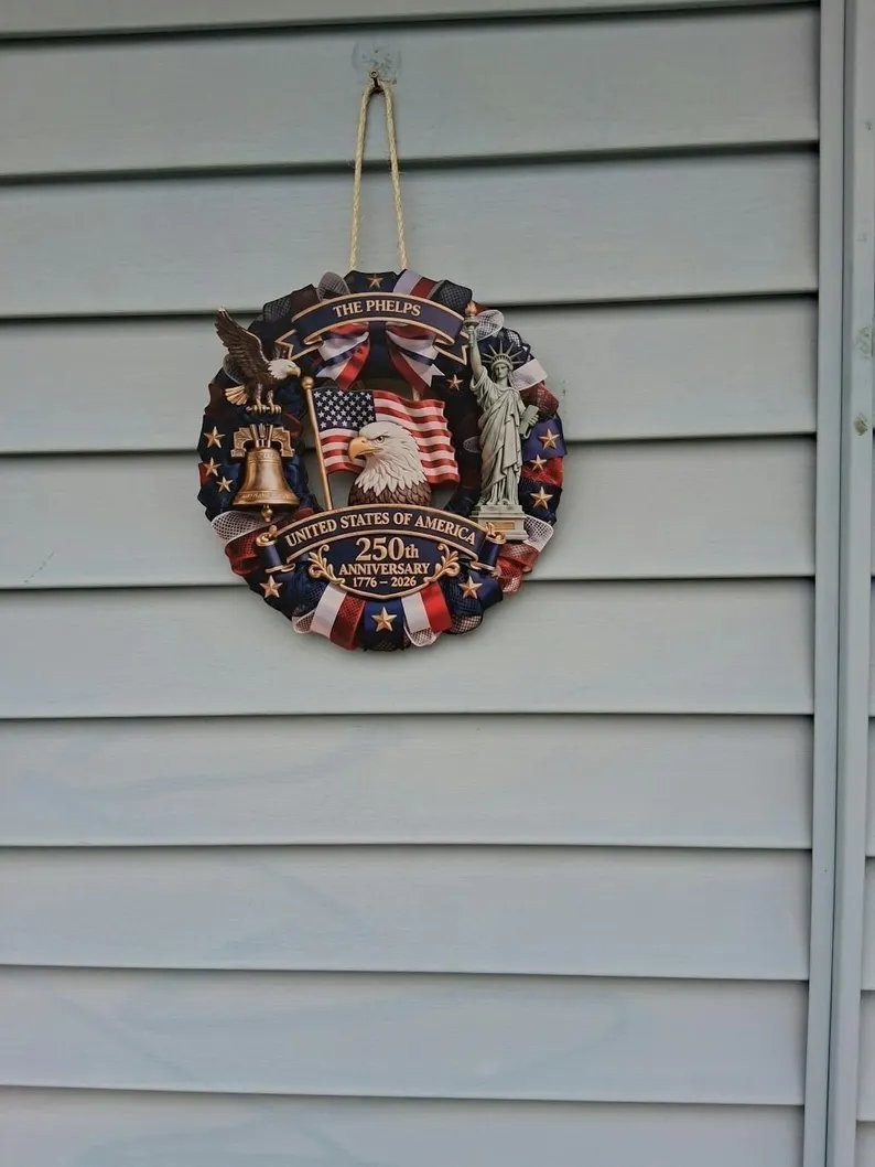 Personalized America 250th Anniversary Wood Wreath, Patriotic Door Decor