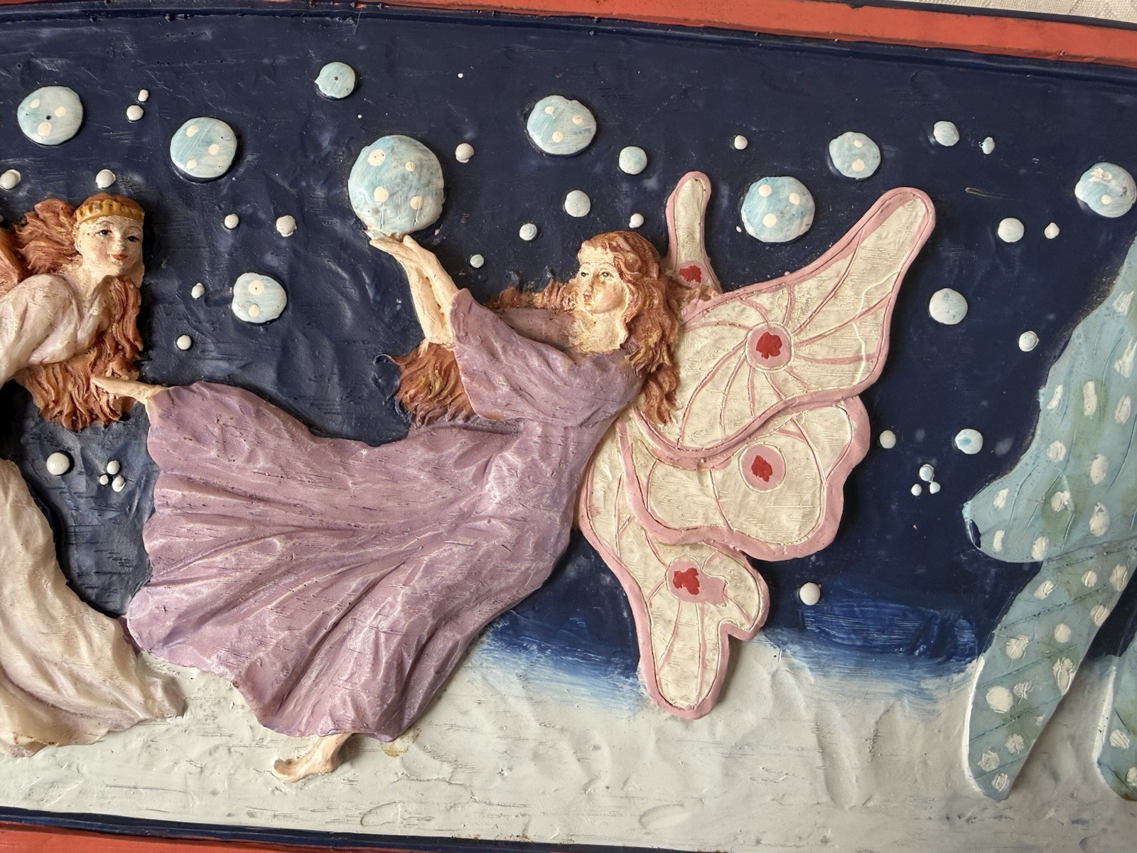 Vintage Multicolor Playing Dancing Fairy Sculptured Resin Moon Wall Art