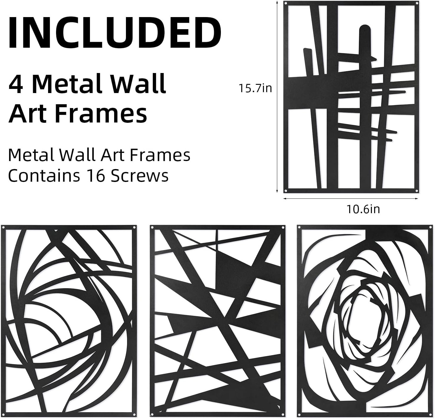 4 Pieces Black Abstract Metal Wall Art, Modern Minimalist Matte Wall Decor, 3D T