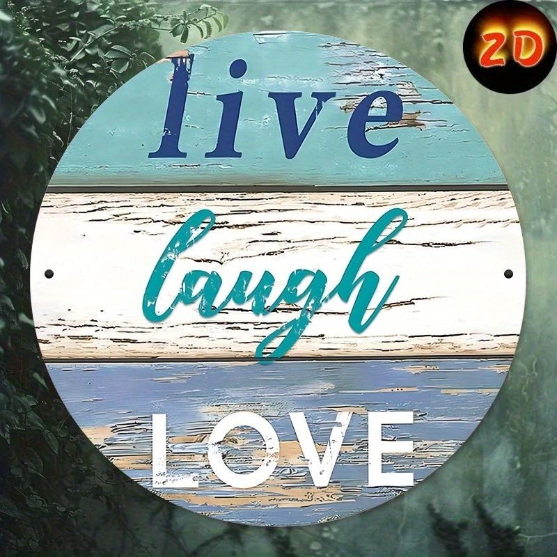 Live Laugh Love Distressed Wood Grain Round Metal Sign Vintage Coastal Tin Decor