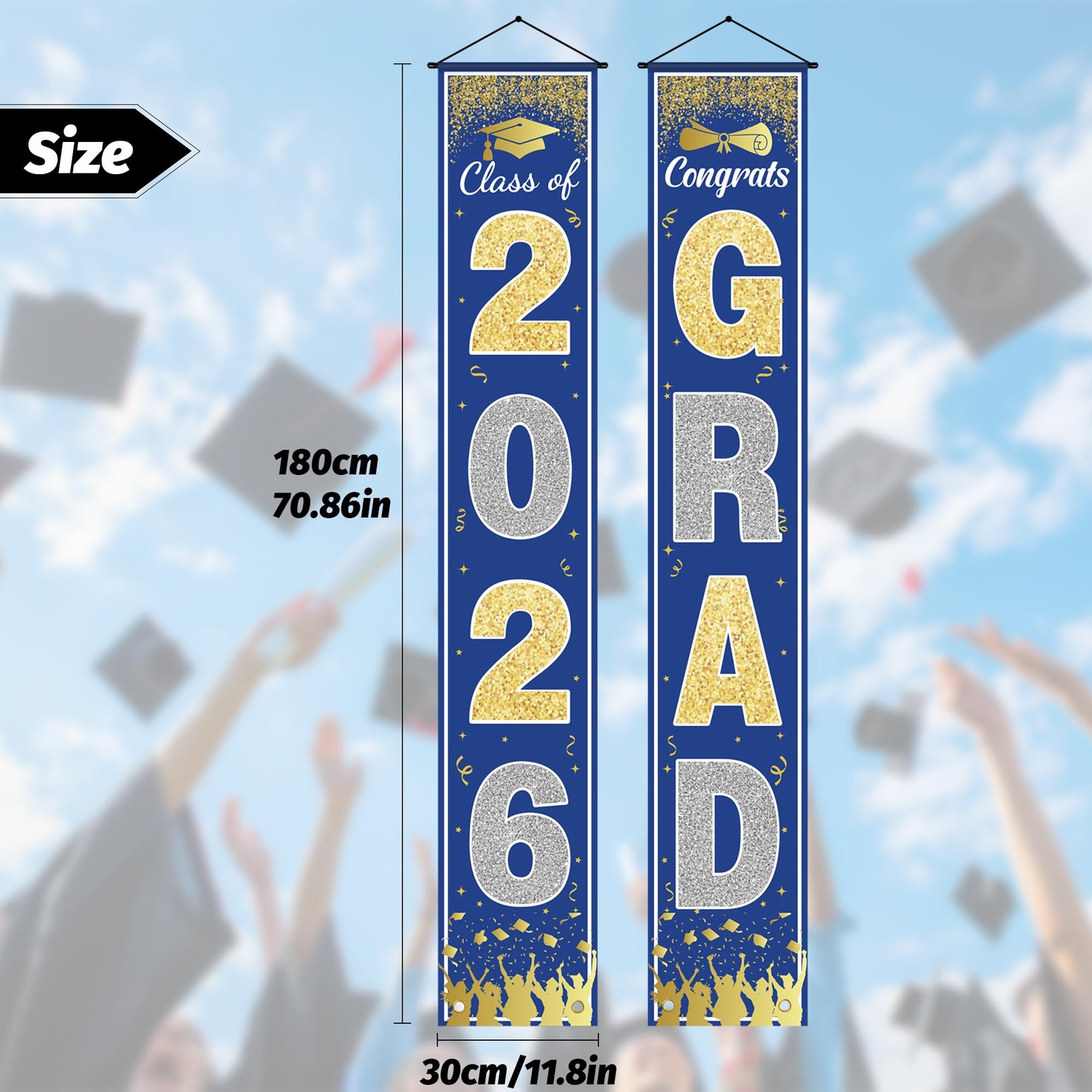 Graduation Decorations 2026 – Blue Gold Congrats Grad Porch Banner for Graduatio