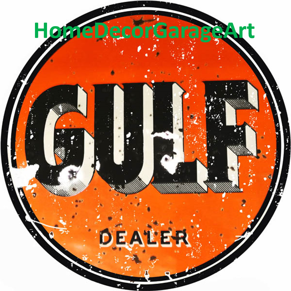 Gulf Gasoline, Round Metal Sign, Aged or Clean Design, Vintage Style Garage Art
