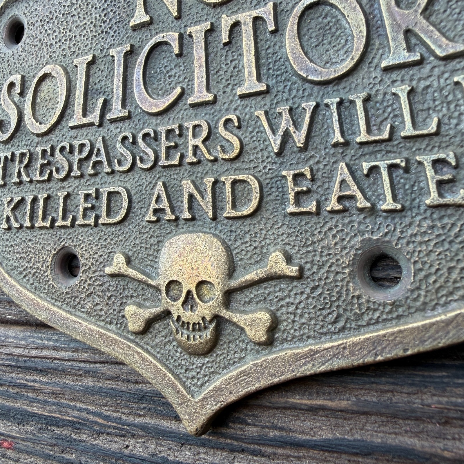 Pirate Skull No Solicitors SolId Brass Plaque With Antique Finish
