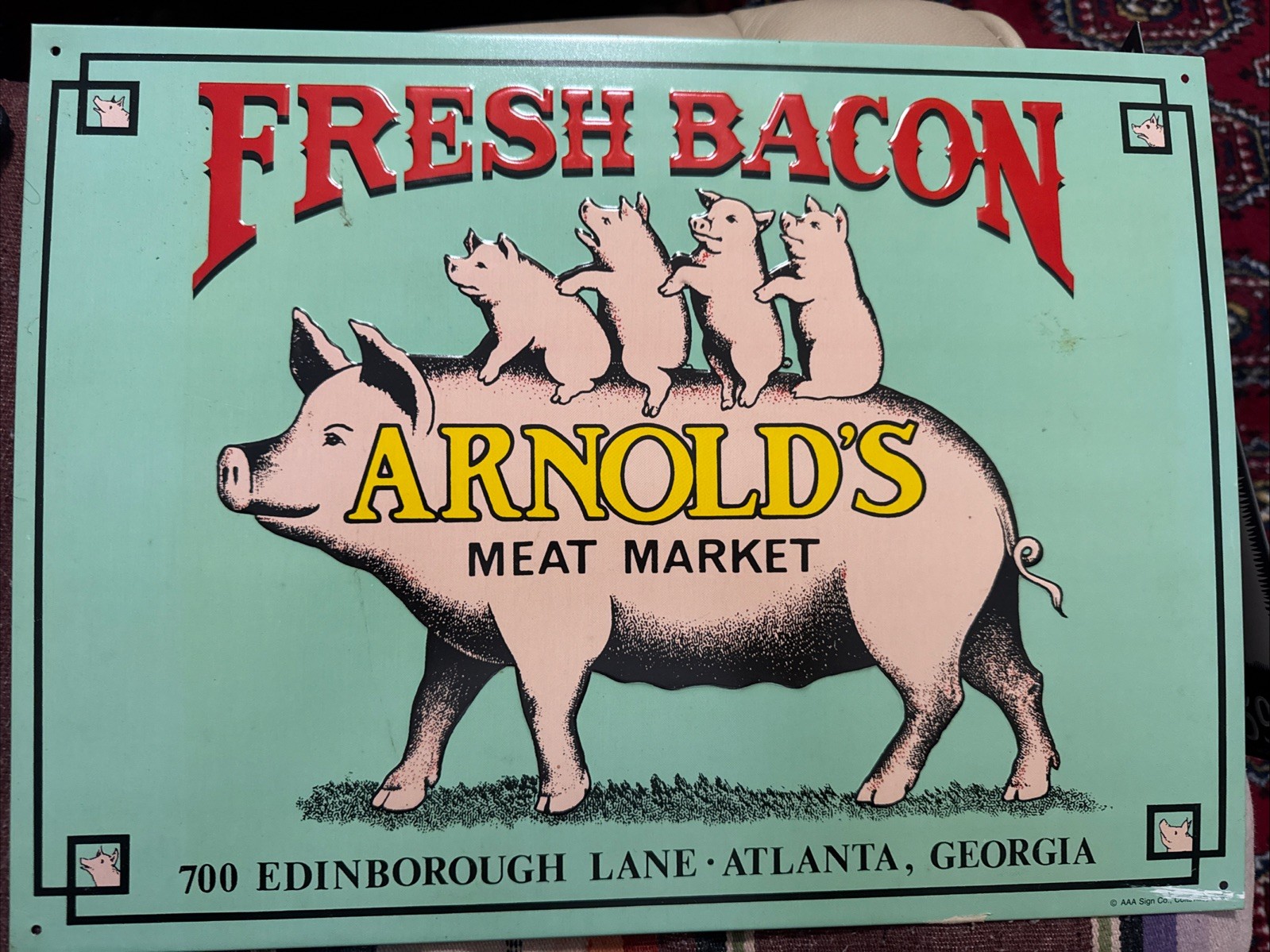 VTG Metal Fresh Bacon Arnold’s Meat Market Atlanta GA / 1991 AAA Sign Co. OH