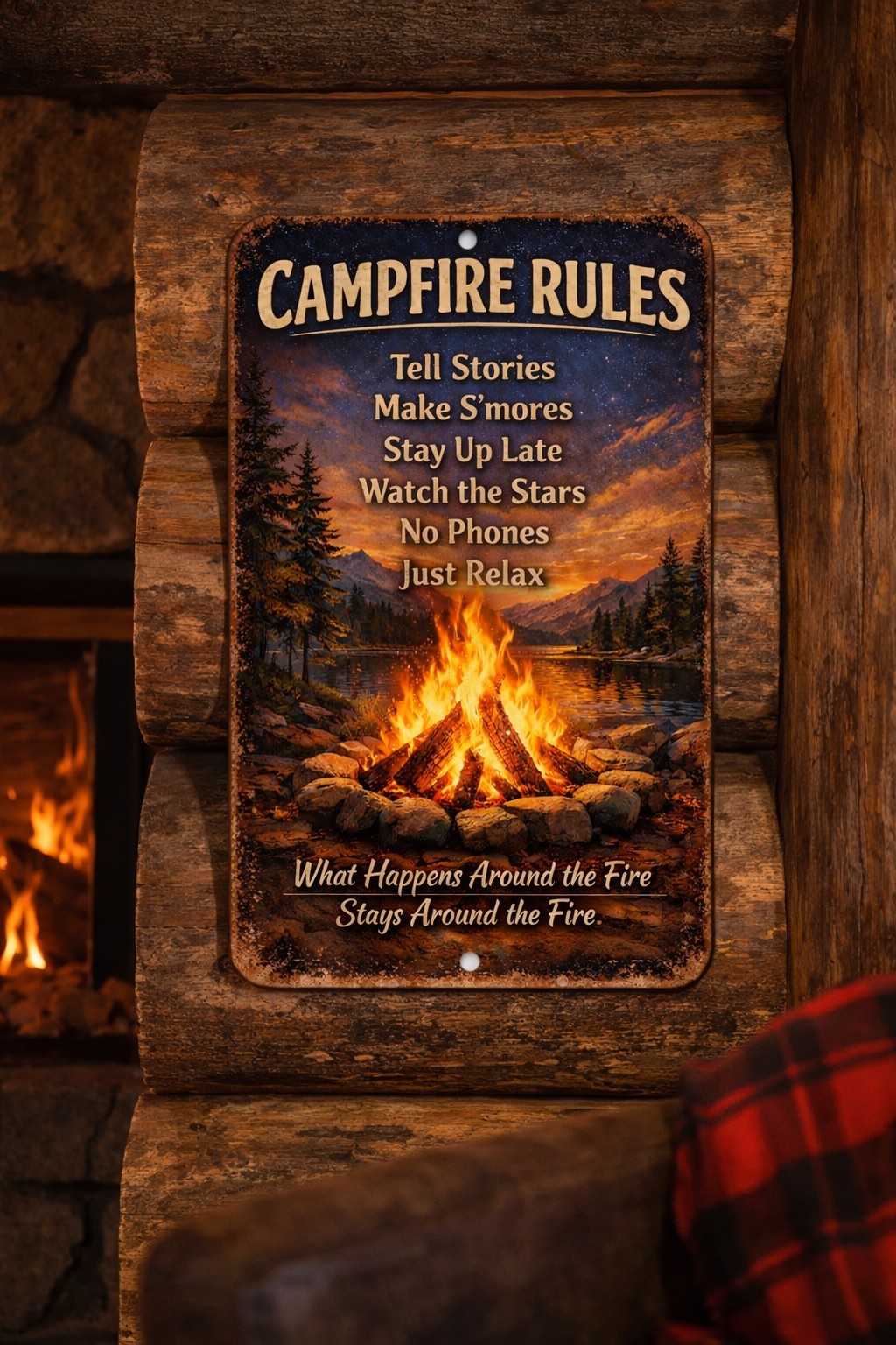 Campfire Rules 8×12 Metal Tin Sign Rustic Cabin Lake House Campfire Decor Lodge