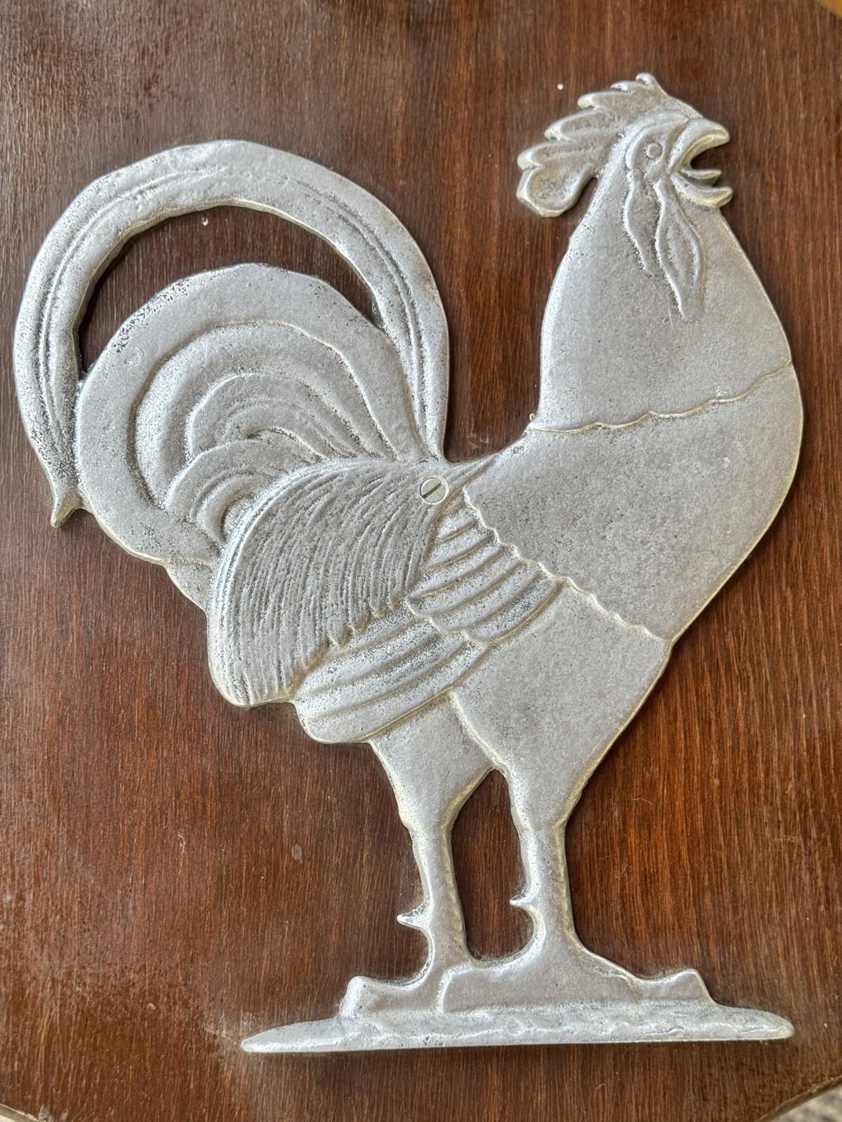 Vintage Silver Metal Rooster On Wood Plaque Wall Hanging