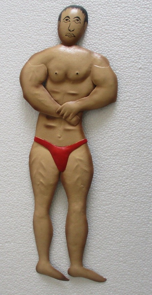 OLD IRON TIN BODY BUILDER GYMNASIUM ADVERTISEMENT TRADE SIGN WALL HANGING