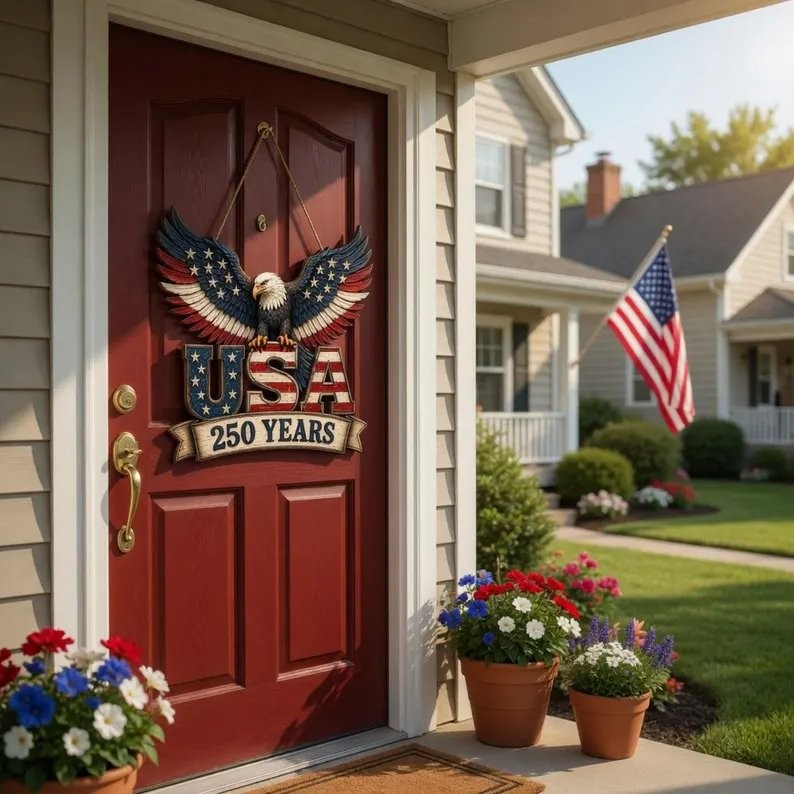 America 250th Anniversary Eagle Decor, Patriotic Wooden Door Hanger