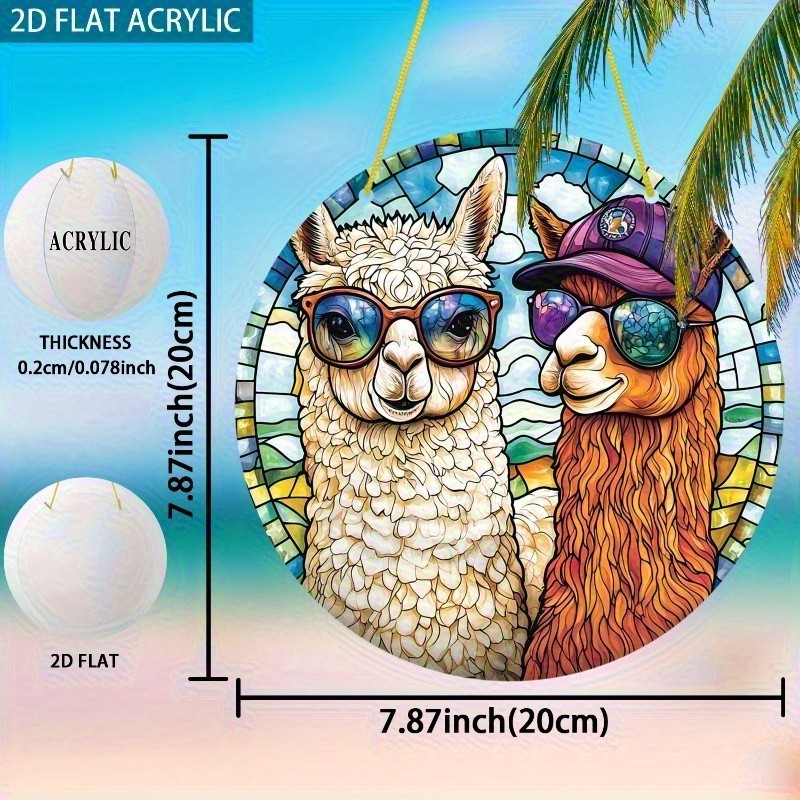 Cool White Brown Alpaca Couple Wearing Sunglasses Cap Acrylic Suncatcher Decor