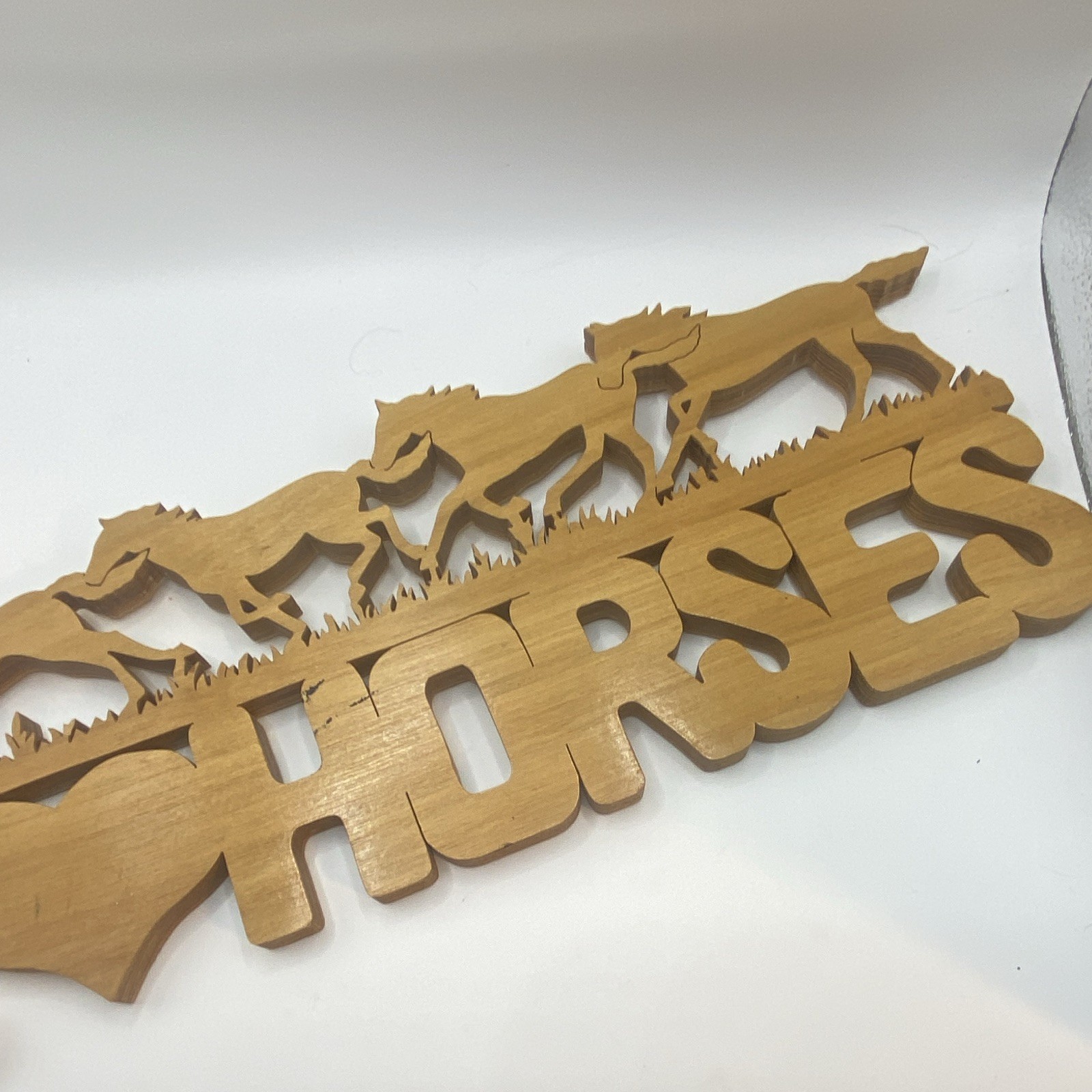 Handcrafted Rustic Brown Wood Hanging Plaque Sign “I Love Horses” Running Horses