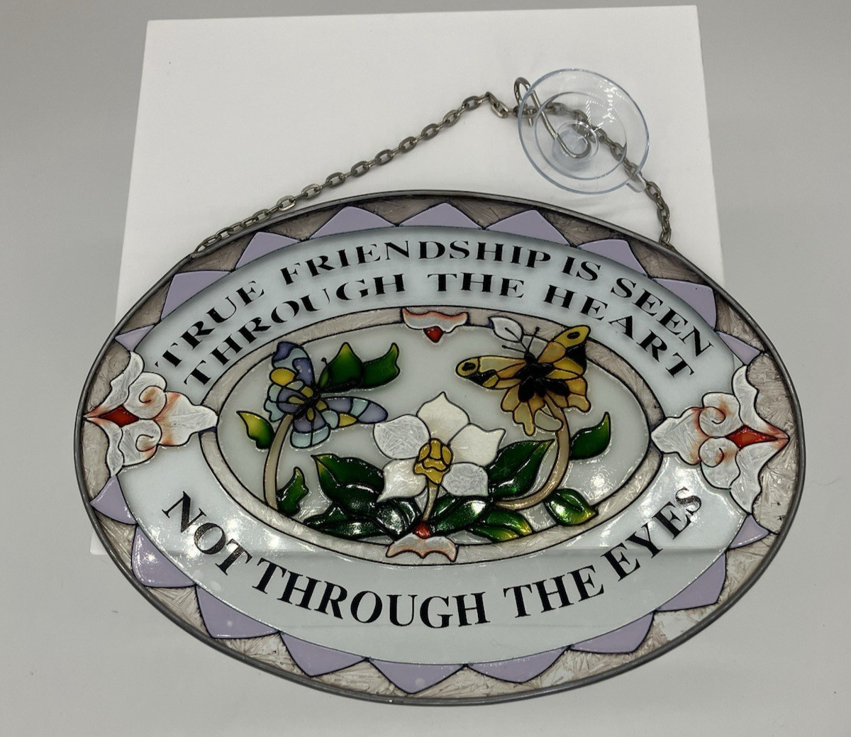Vtg Butterfly Flower Stained Glass Friendship Plaque Sun Catcher Window Cottage