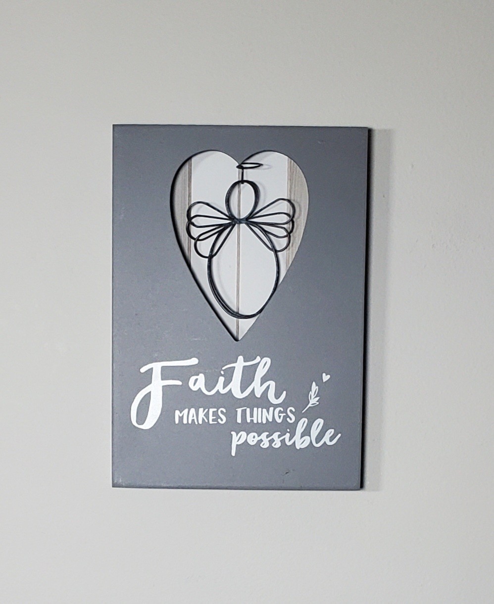 Gray Faith Makes All Things Possible Wall Decor with Angel Design 10″ x 7″