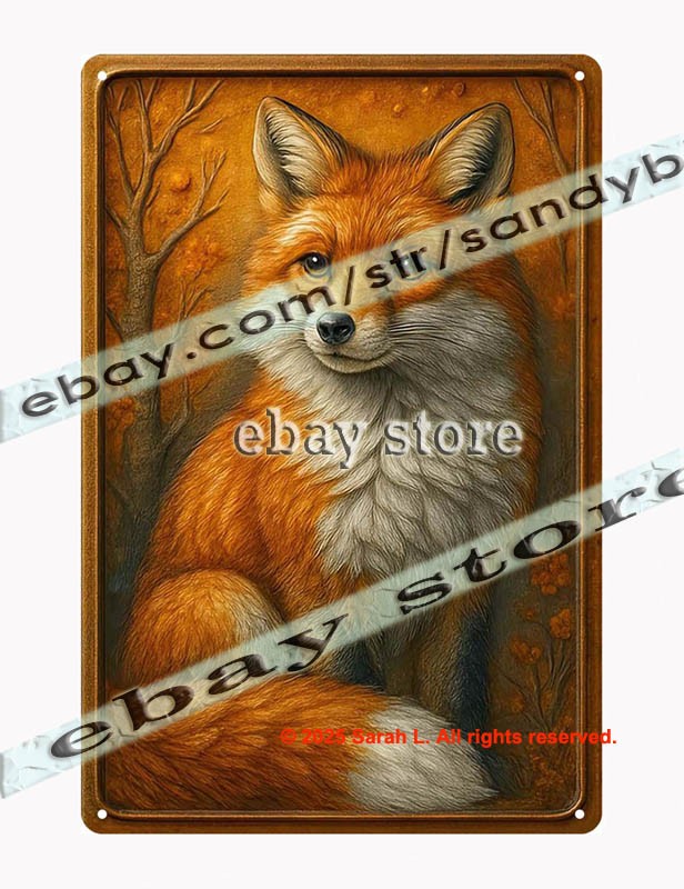 Rustic Fox Portrait Tin Sign Woodland Animal Wall Art 3D effect