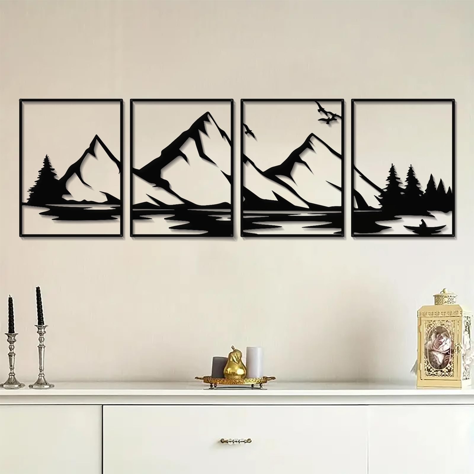 4 Pcs Mountain View Metal Wall Art Decor, Large Forest Sculptures for Home