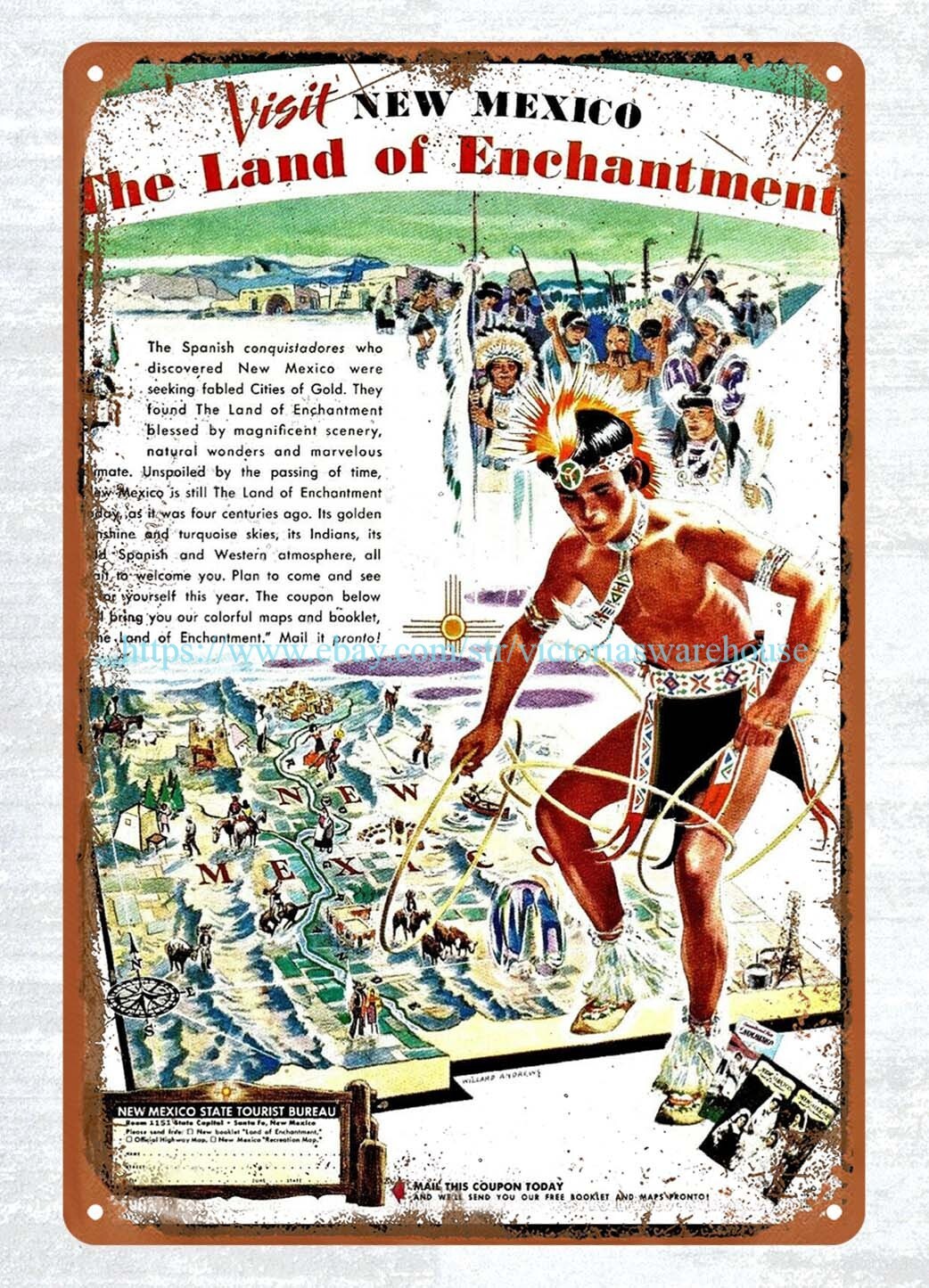 interior collectible 1948 NEW MEXICO Fabulous travel metal tin sign