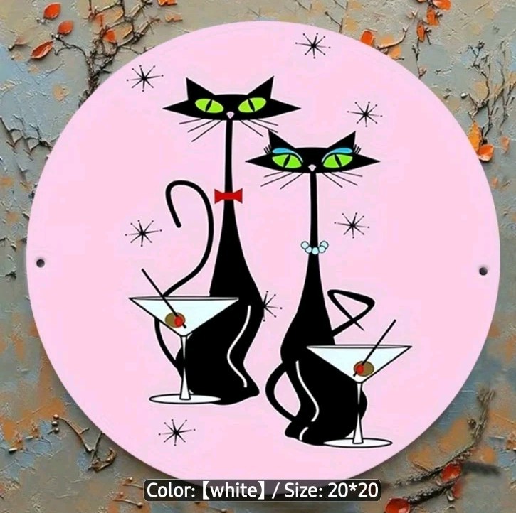 Retro Atomic Black Cat Metal Sign Pink Mid Century Modern Wall Decor Green Eye