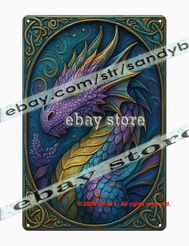 Purple Dragon Mystic Tin Sign Enchanted Creature Wall Art 3D effect