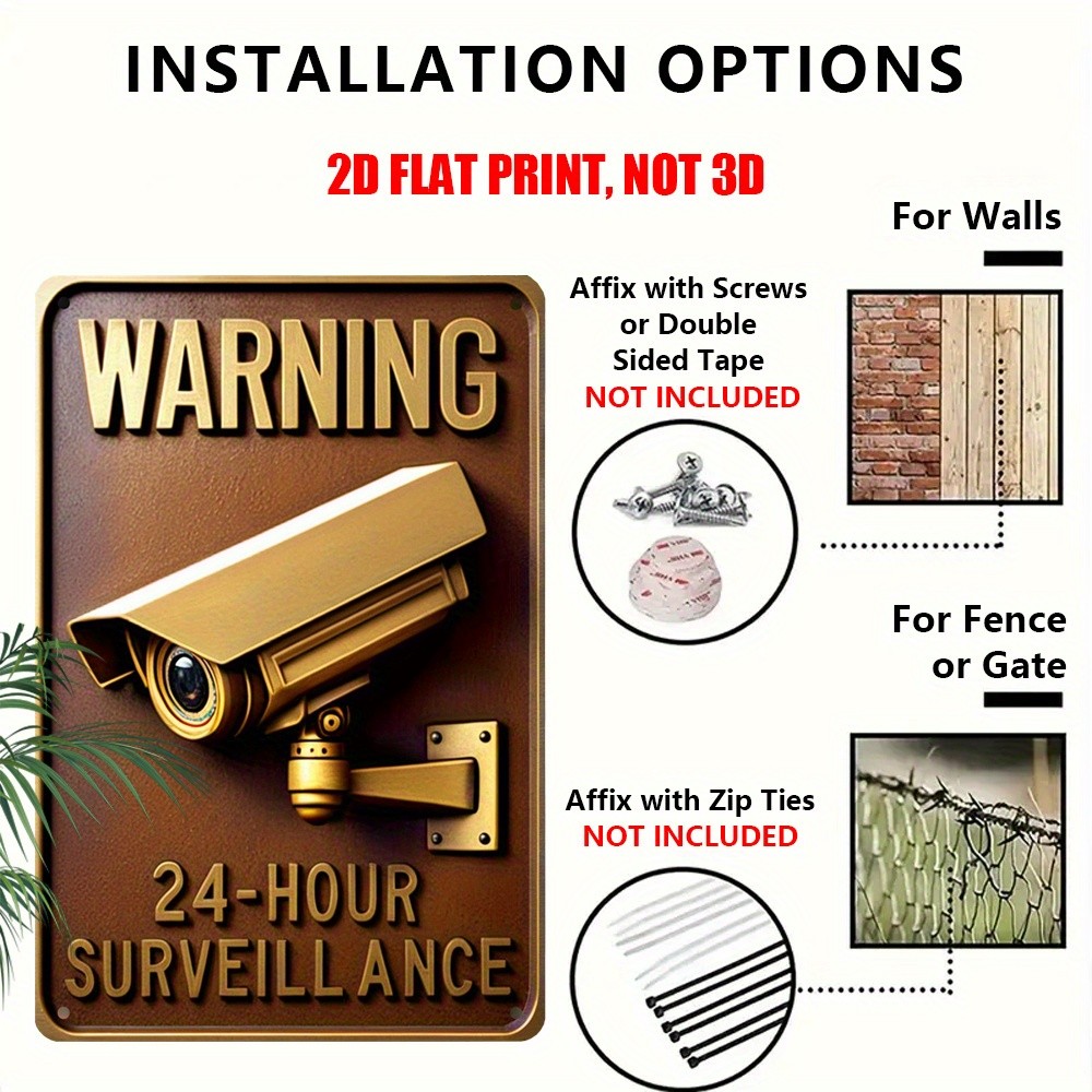 Vintage Warning 24-Hour Surveillance Metal Sign Security Plaque Home Wall Decor